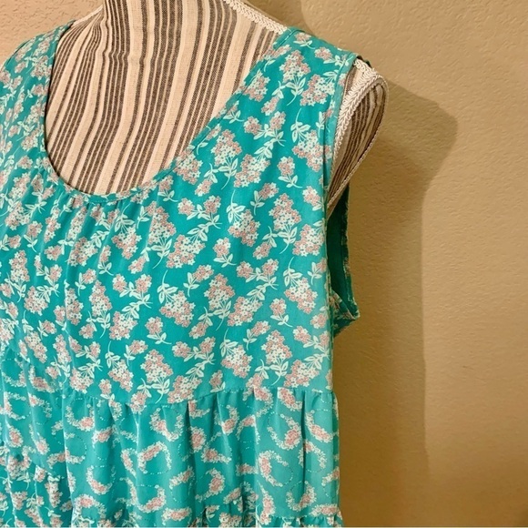 LC Lauren Conrad Tunic Top XL Seafoam Green Floral Pink Cream Ruffled Tiers - Picture 7 of 15